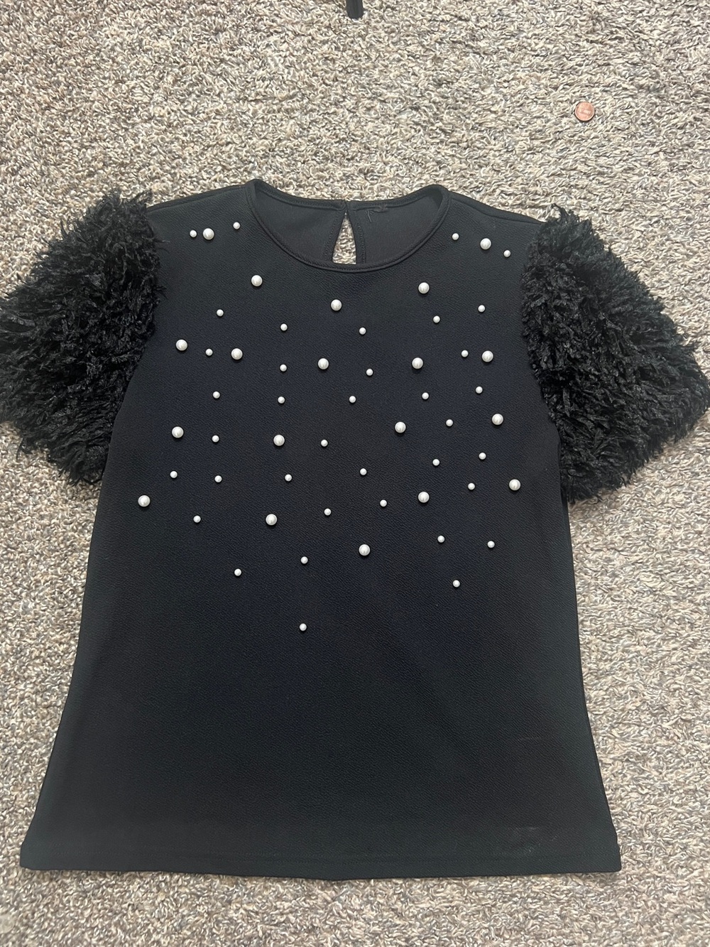 Black whimsy goth Pearl-Embellished Puff Sleeve Top - Picture 2 of 7